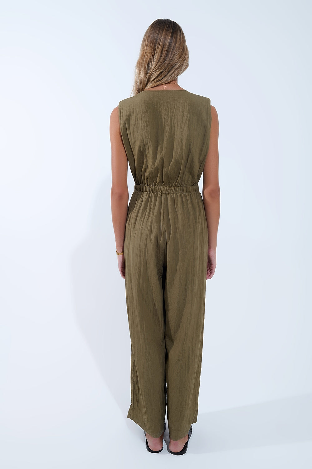 draped olive jumpsuit in crinkled fabric - Dresses