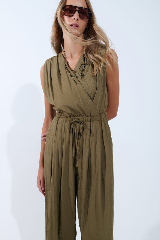 draped olive jumpsuit in crinkled fabric - Dresses