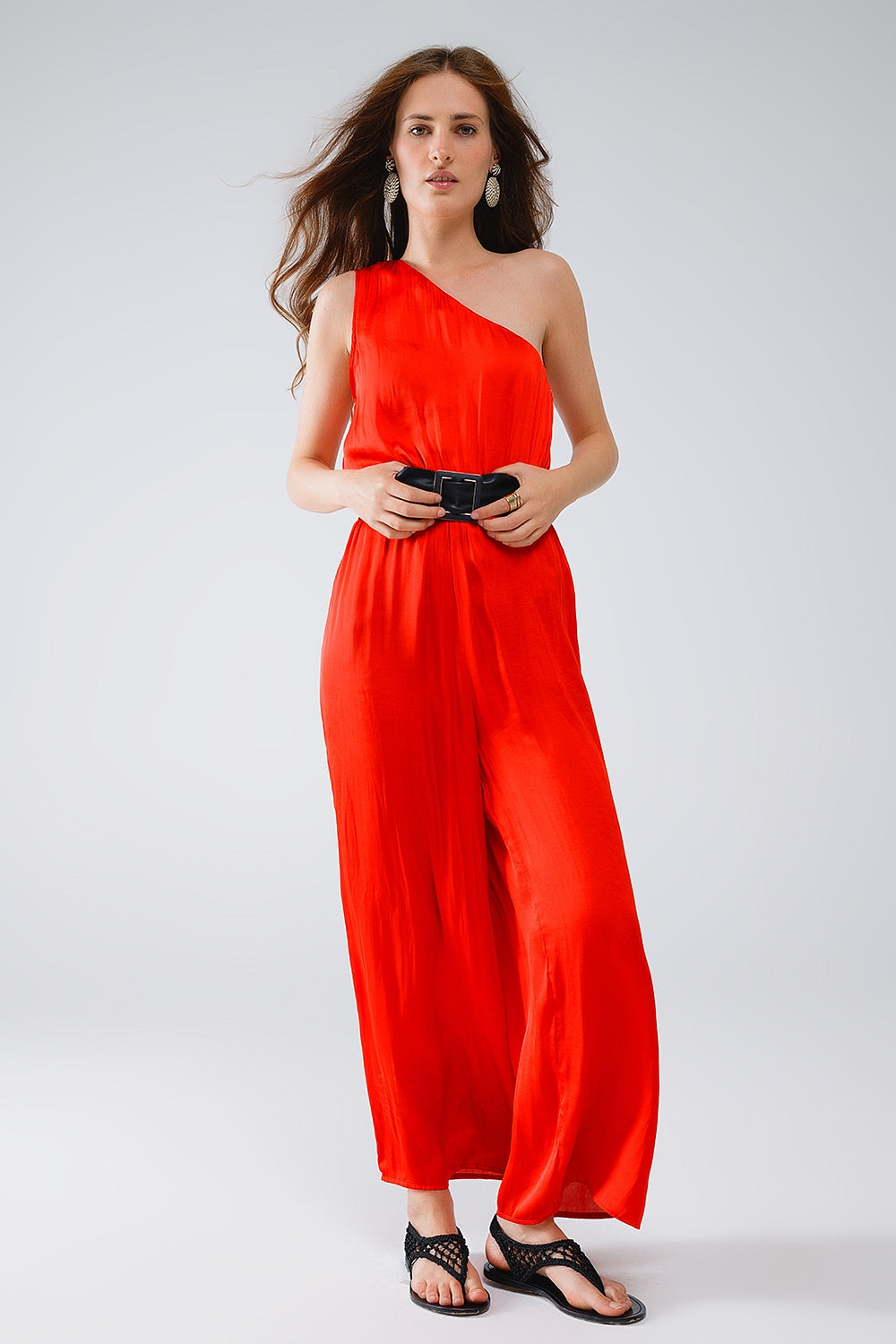 Drapped One Shoulder Jumpsuit With Cinched Waist In Red - Dresses
