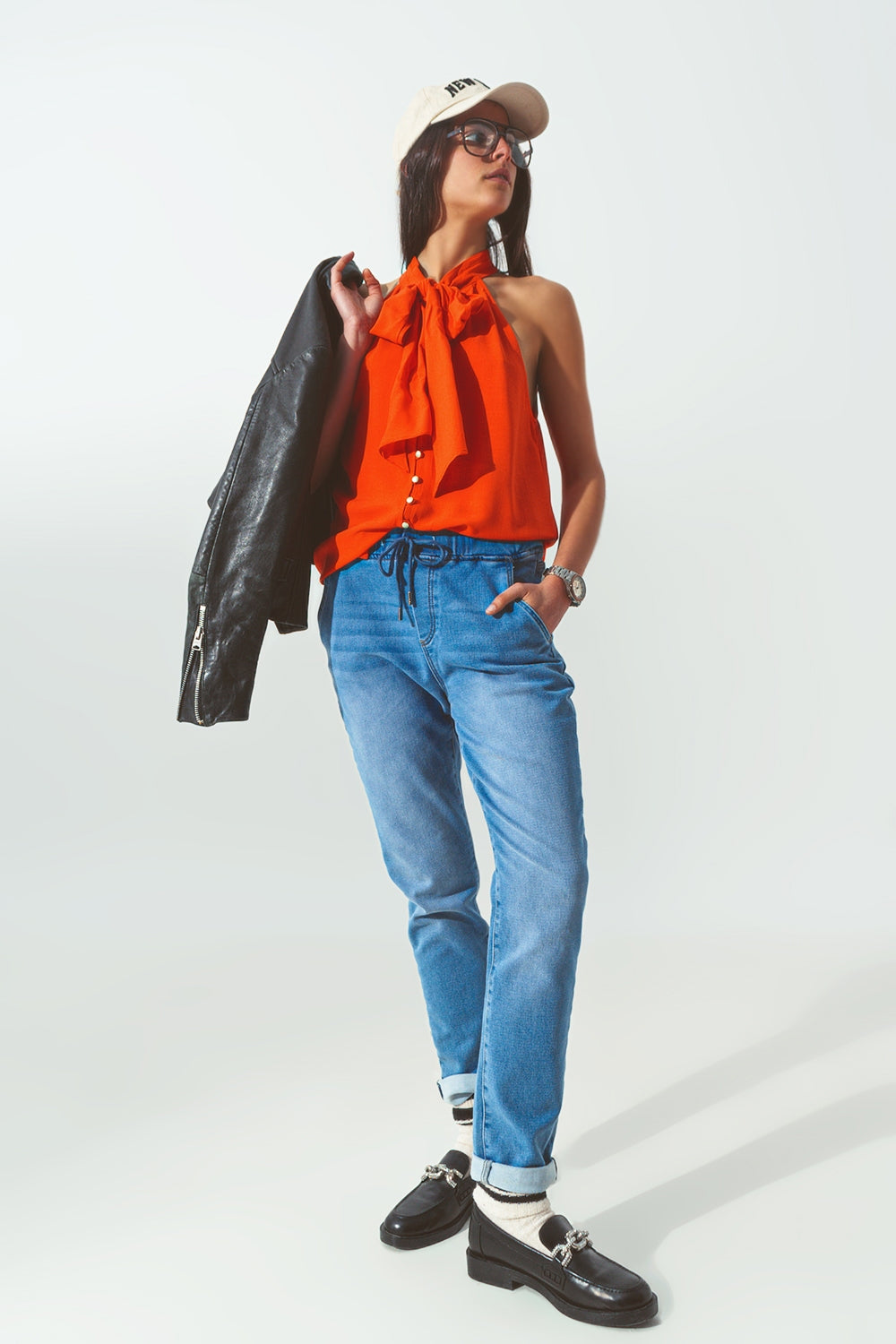 Drawstring Waist Jogger Jeans - Jeans