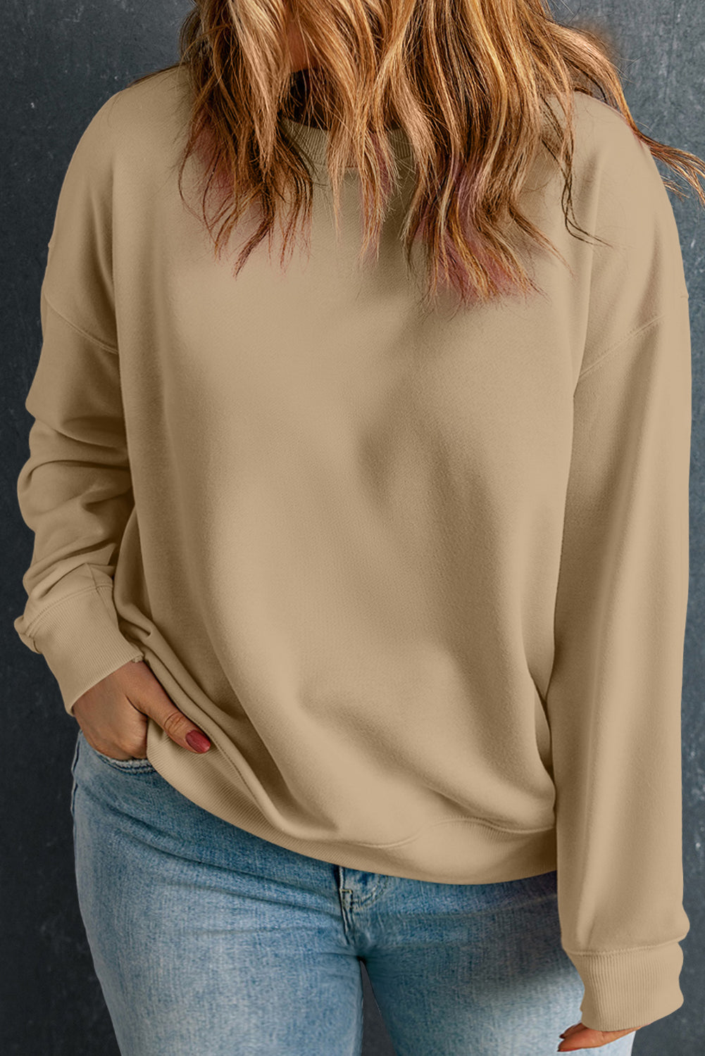 Crew Neck Drop Shoulder Plus Size Sweatshirt Apricot 50%Polyester+50%Cotton - Plus Size/Plus Size Sweatshirts & Hoodies