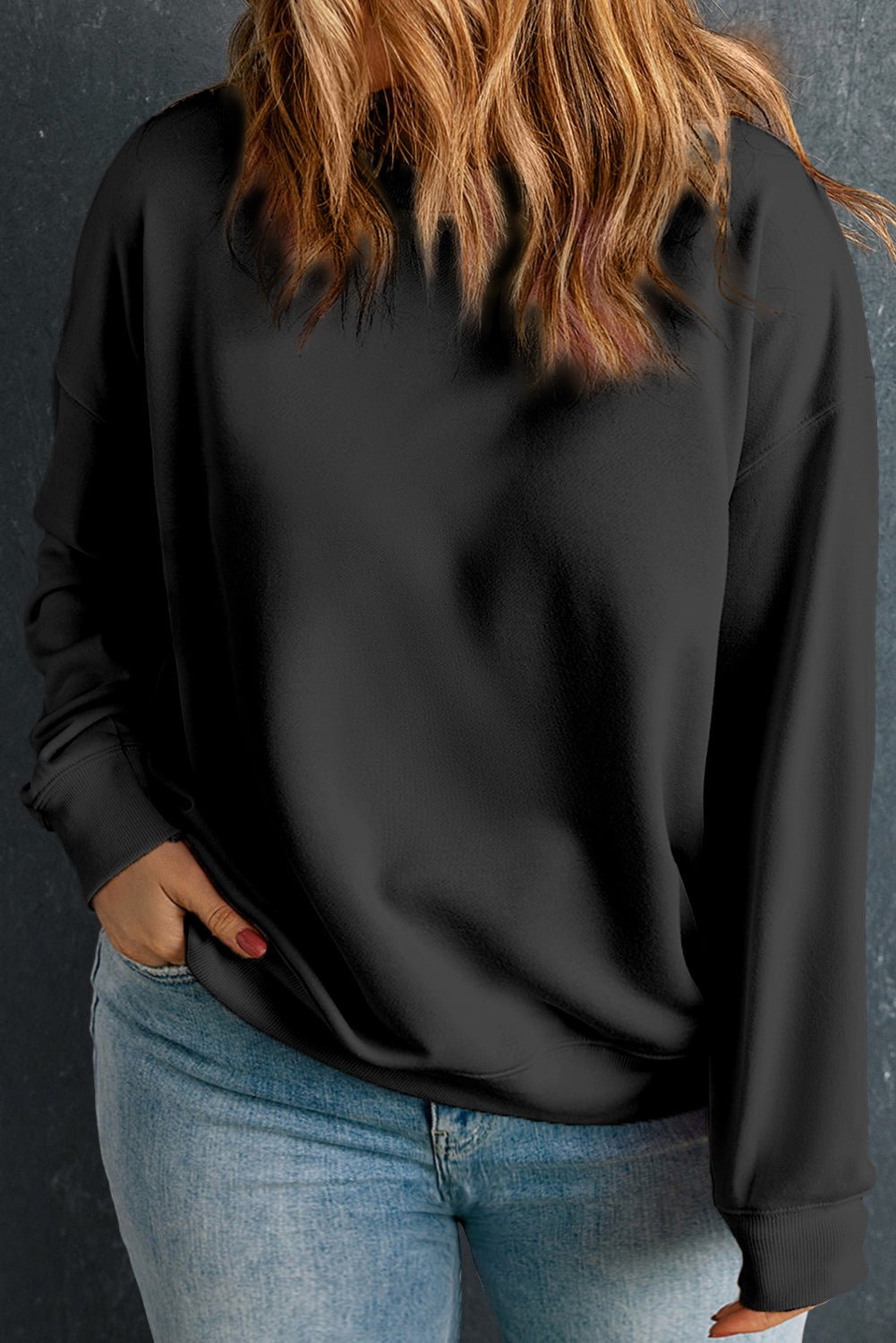 Crew Neck Drop Shoulder Plus Size Sweatshirt Black 50%Polyester+50%Cotton - Plus Size/Plus Size Sweatshirts & Hoodies