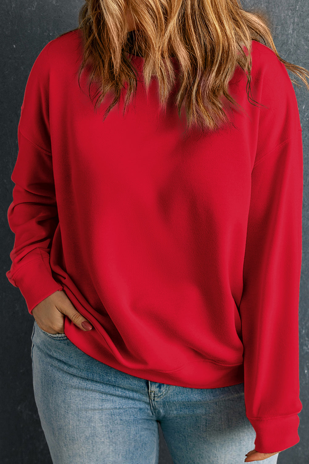 Crew Neck Drop Shoulder Plus Size Sweatshirt Racing Red 50%Polyester+50%Cotton - Plus Size/Plus Size Sweatshirts & Hoodies