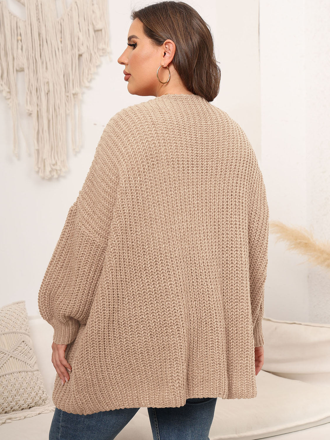 Plus Size Open Front Dropped Shoulder Knit Cardigan - Cardigans