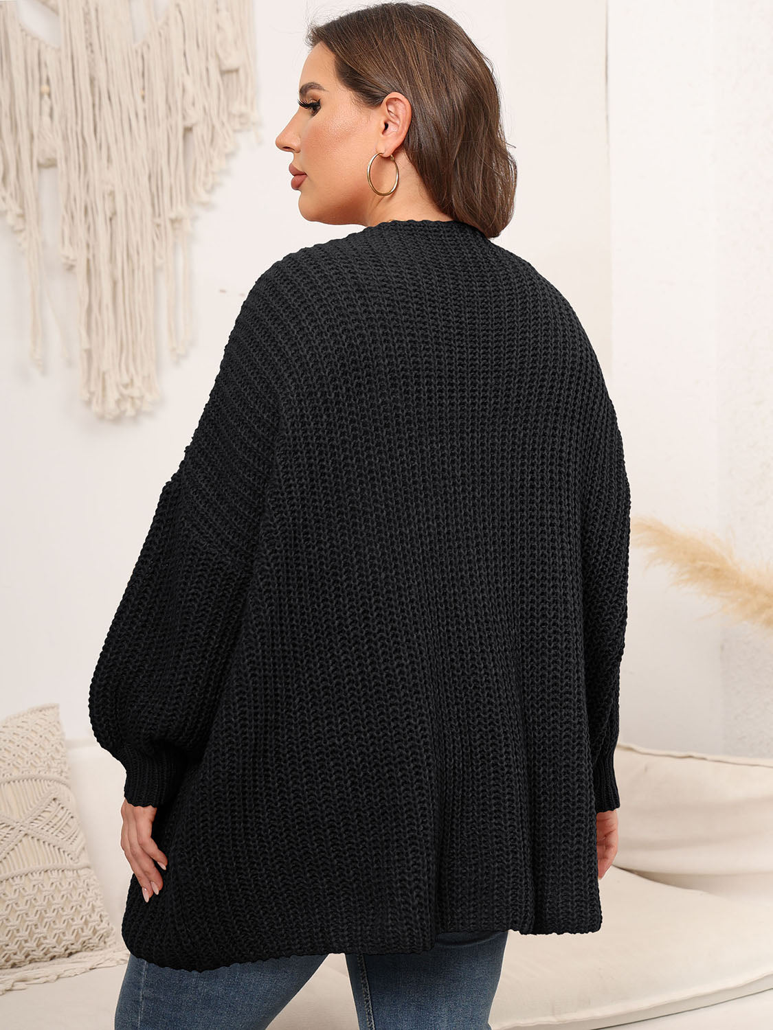 Plus Size Open Front Dropped Shoulder Knit Cardigan - Cardigans