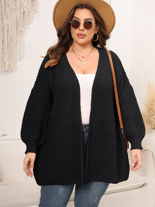 Plus Size Open Front Dropped Shoulder Knit Cardigan Black - Cardigans