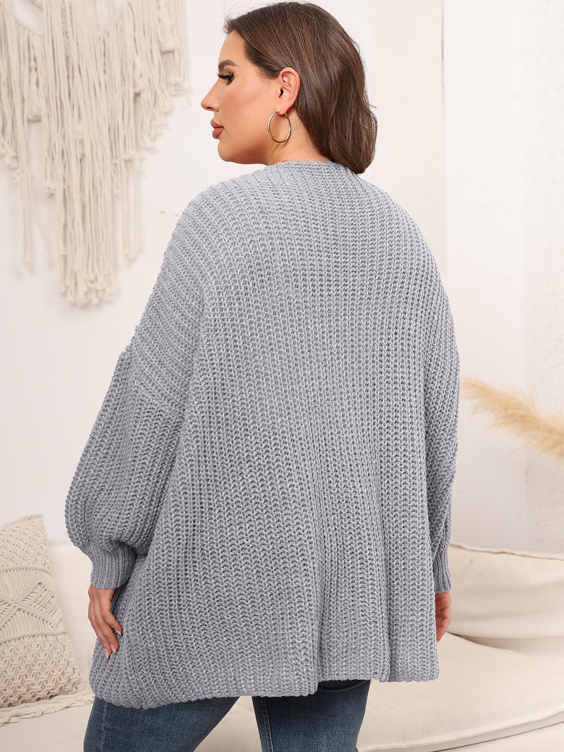 Plus Size Open Front Dropped Shoulder Knit Cardigan - Cardigans