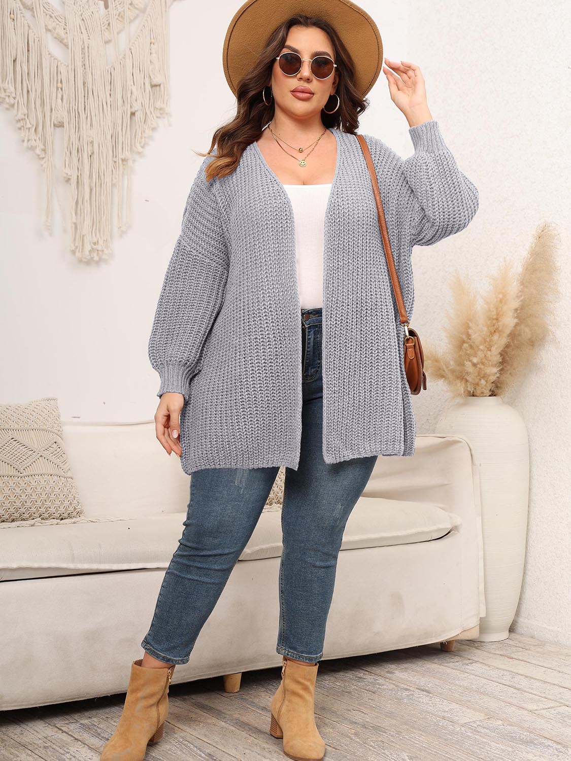 Plus Size Open Front Dropped Shoulder Knit Cardigan - Cardigans
