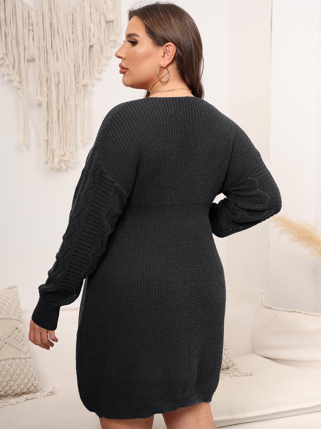Plus Size Dropped Shoulder Long Sleeve Knit Mini Dress - Dress