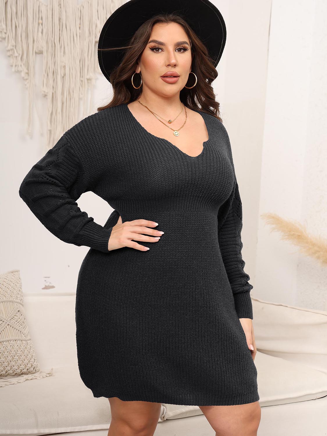 Plus Size Dropped Shoulder Long Sleeve Knit Mini Dress - Dress