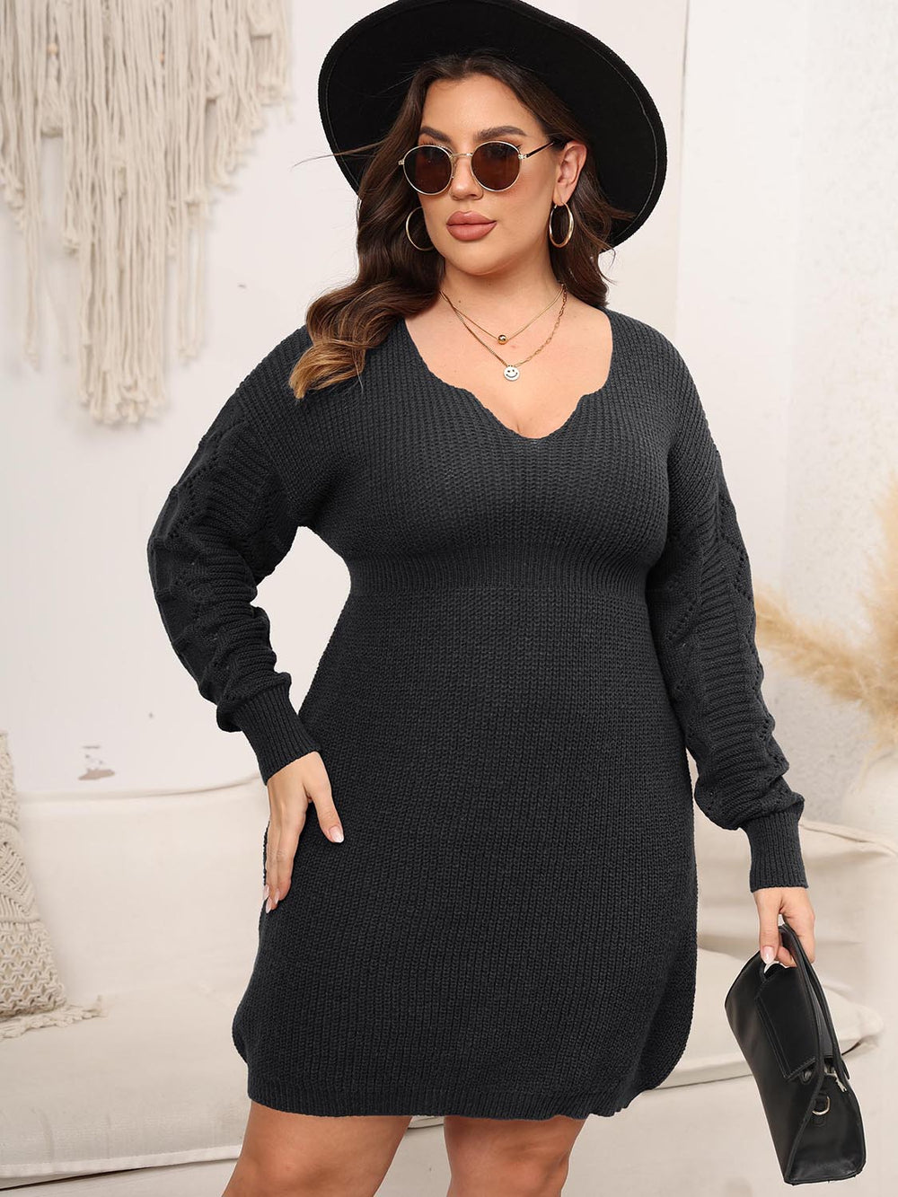 Robe courte en tricot à manches longues et épaules tombantes grande taille