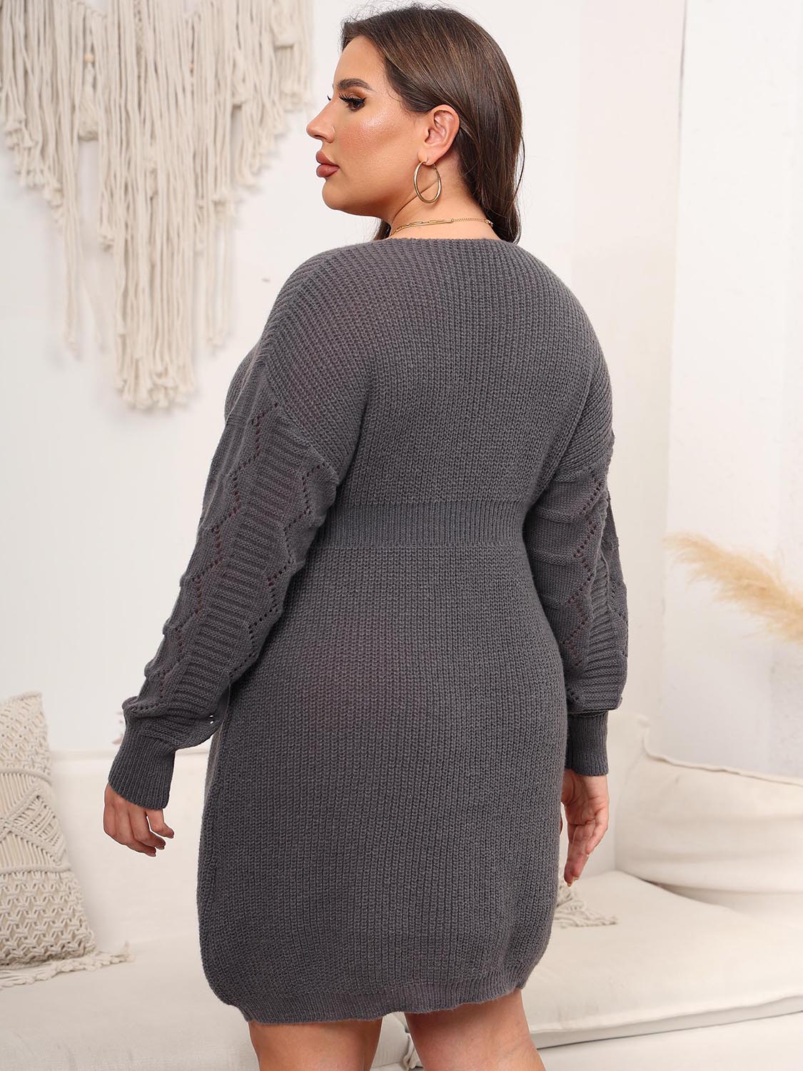 Plus Size Dropped Shoulder Long Sleeve Knit Mini Dress - Dress