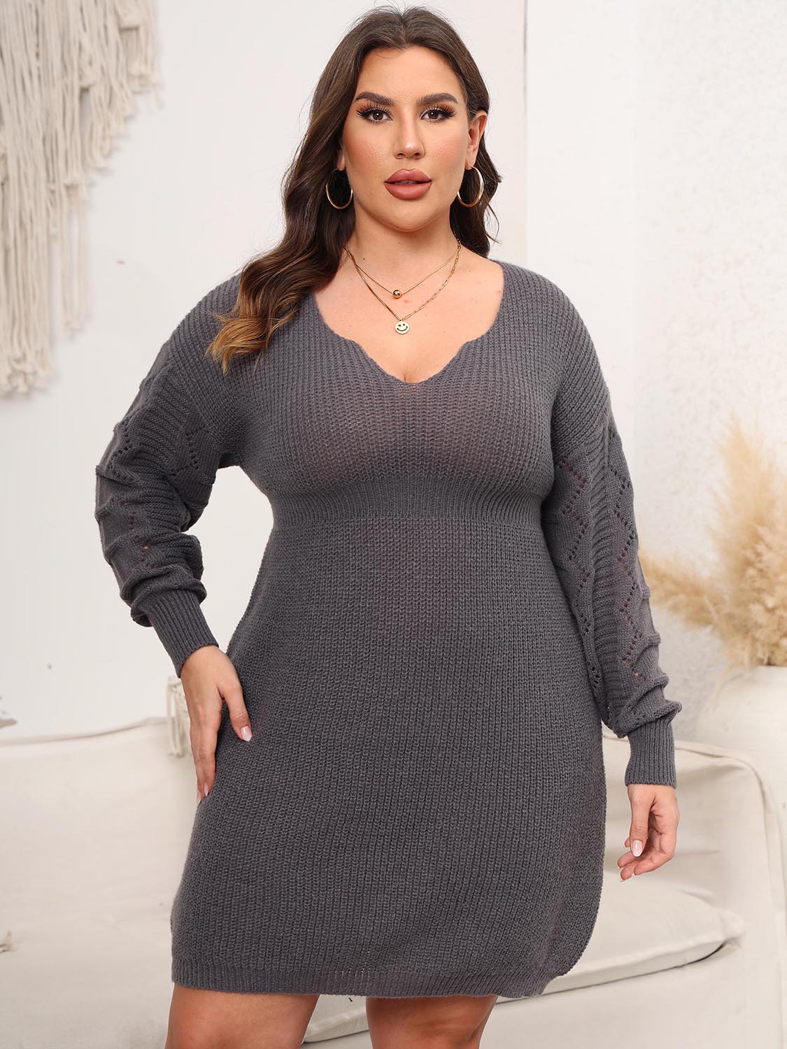 Plus Size Dropped Shoulder Long Sleeve Knit Mini Dress - Dress