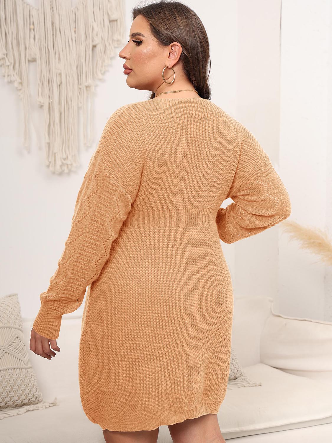 Plus Size Dropped Shoulder Long Sleeve Knit Mini Dress - Dress