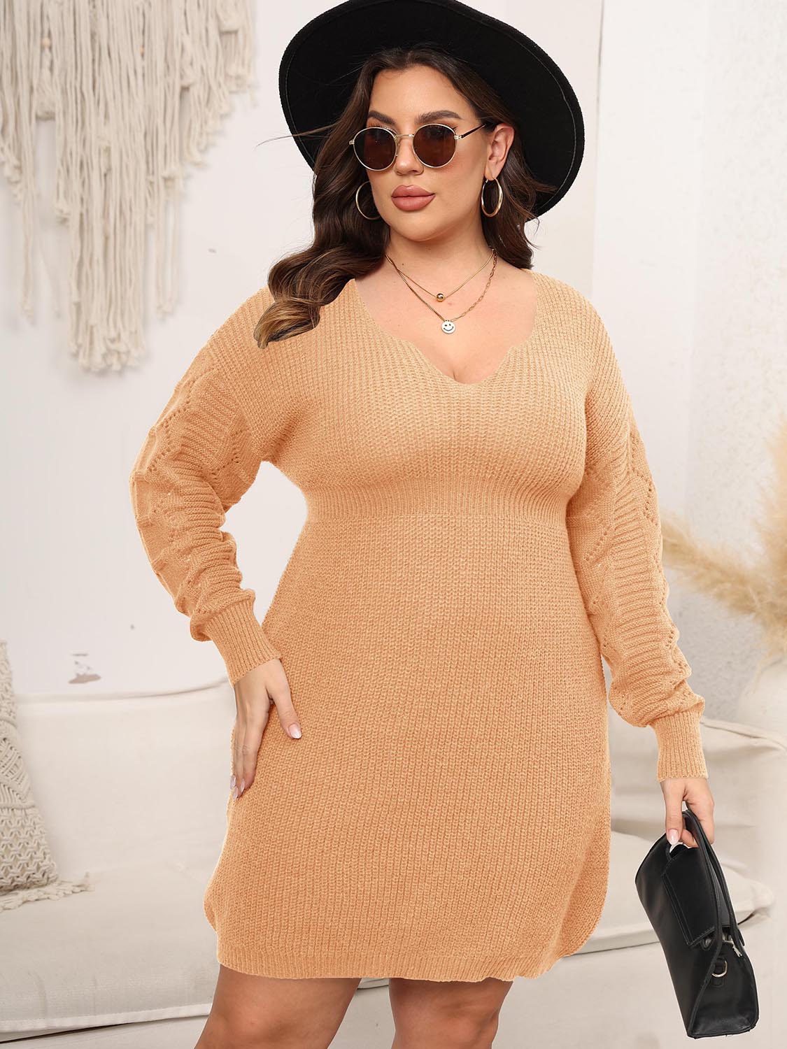 Plus Size Dropped Shoulder Long Sleeve Knit Mini Dress Sherbet - Dress