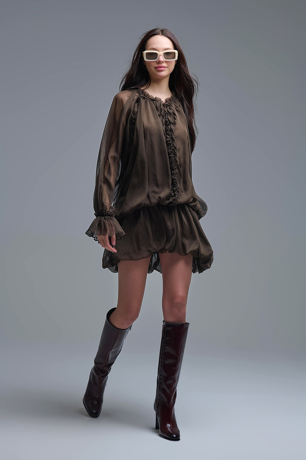 Dropped Waist Romantic Chiffon Brown Dress - Dresses