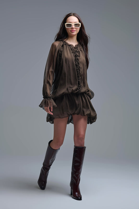 Dropped Waist Romantic Chiffon Brown Dress - Dresses