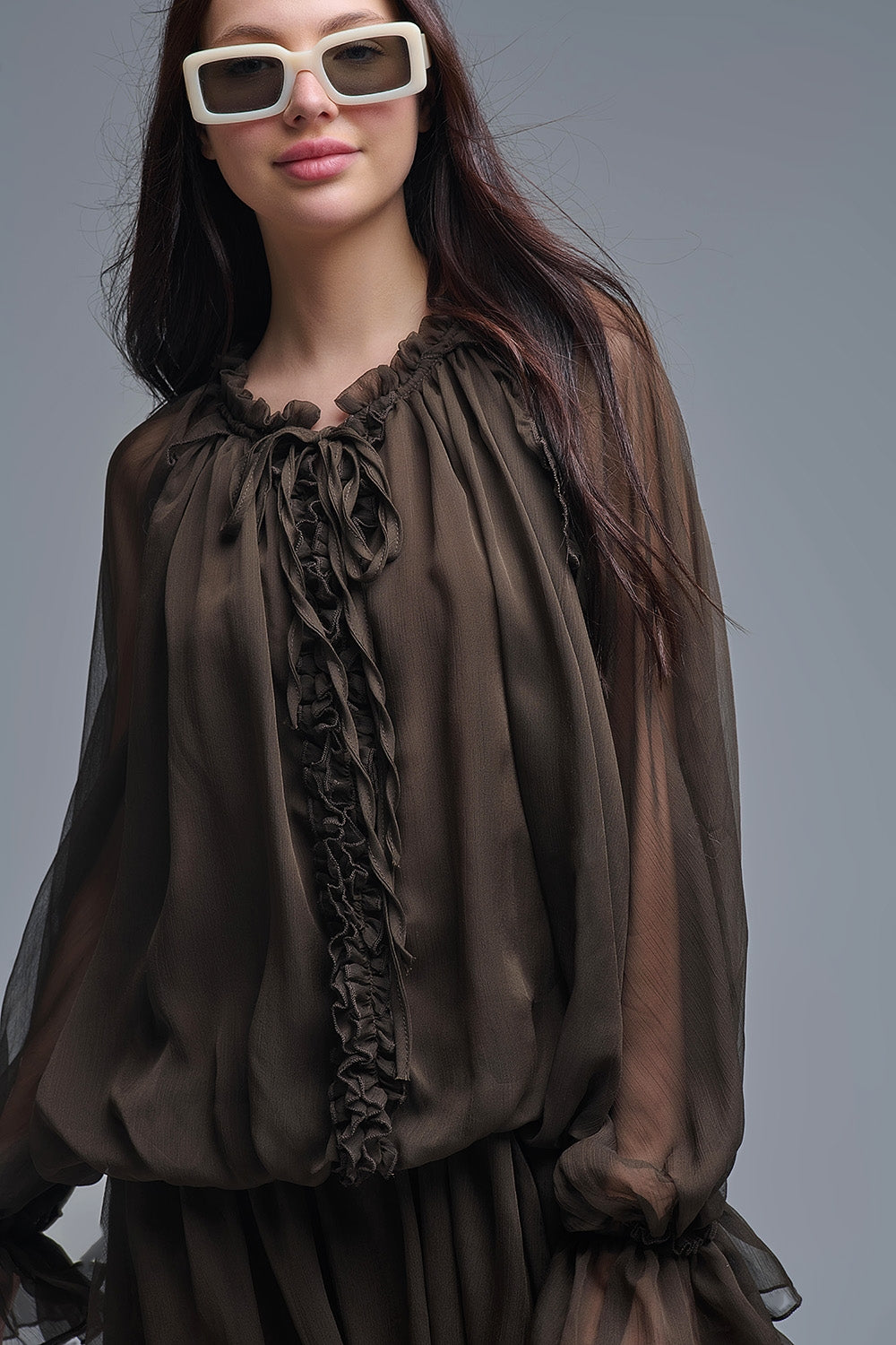 Dropped Waist Romantic Chiffon Brown Dress - Dresses