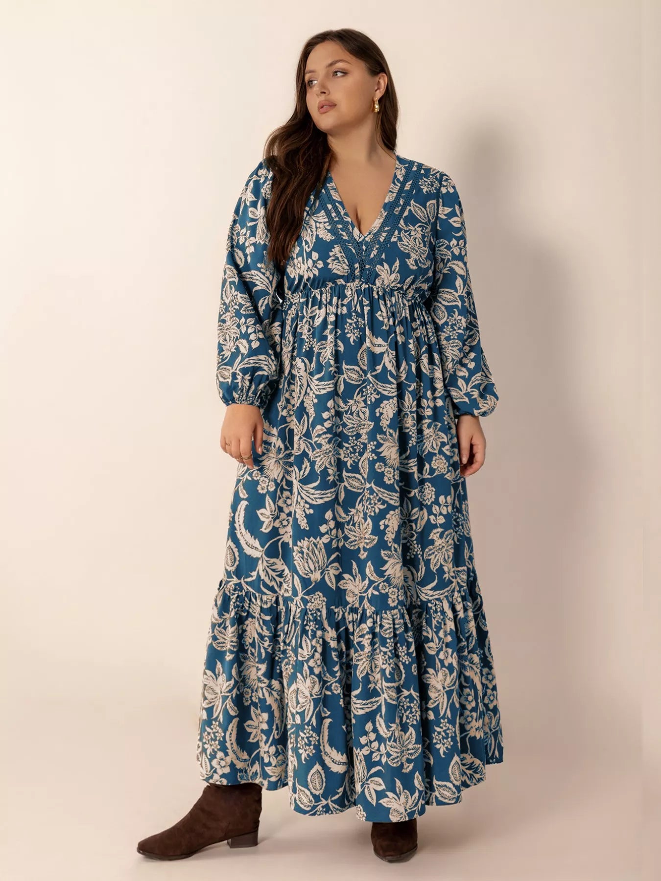 Plus Size Boho Floral Print Long Sleeve Maxi Dress Peacock Blue -