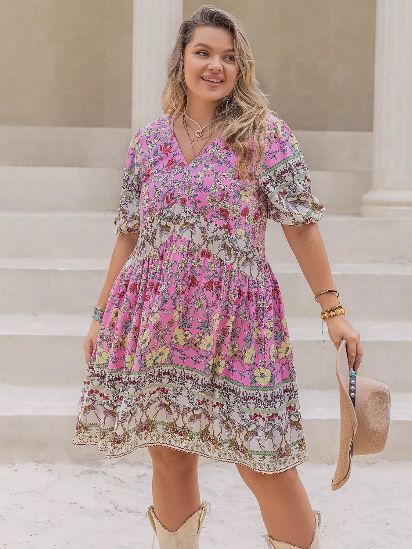 Plus Size Floral Print V-Neck Puff Sleeve Summer Dress -
