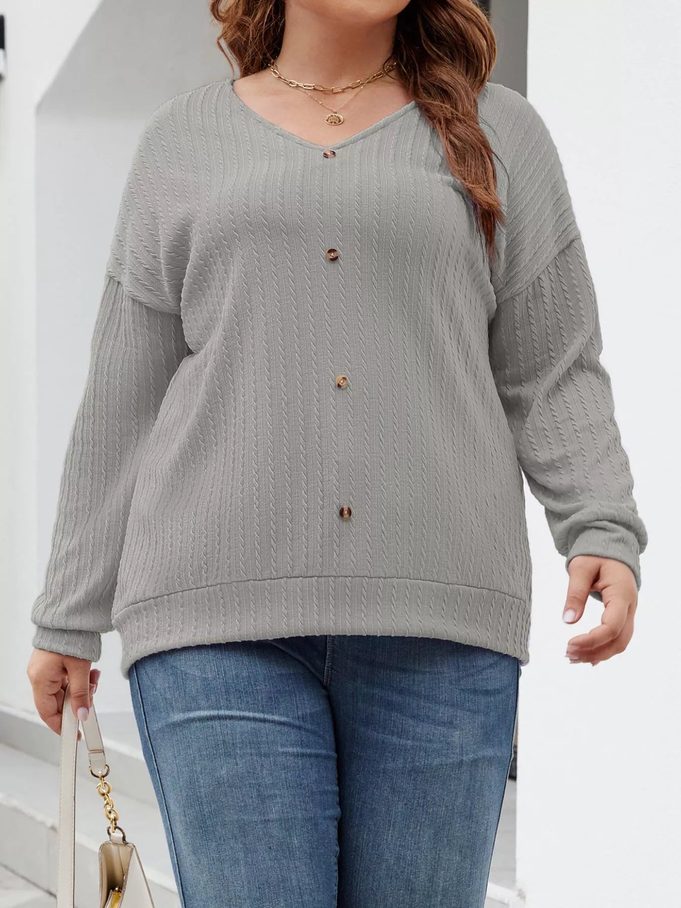 Plus Size V-Neck Dropped Shoulder Blouse Gray -