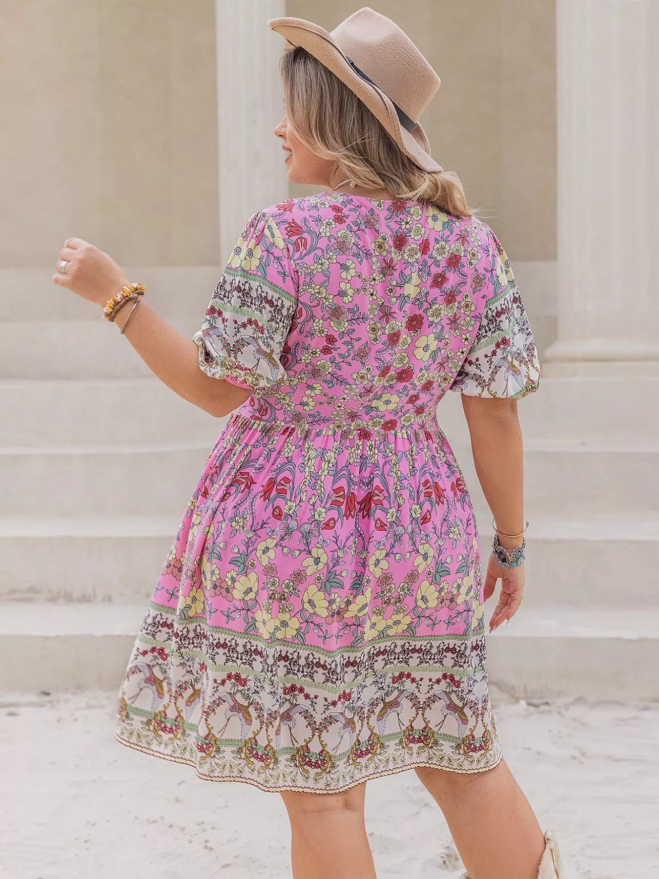 Plus Size Floral Print V-Neck Puff Sleeve Summer Dress -