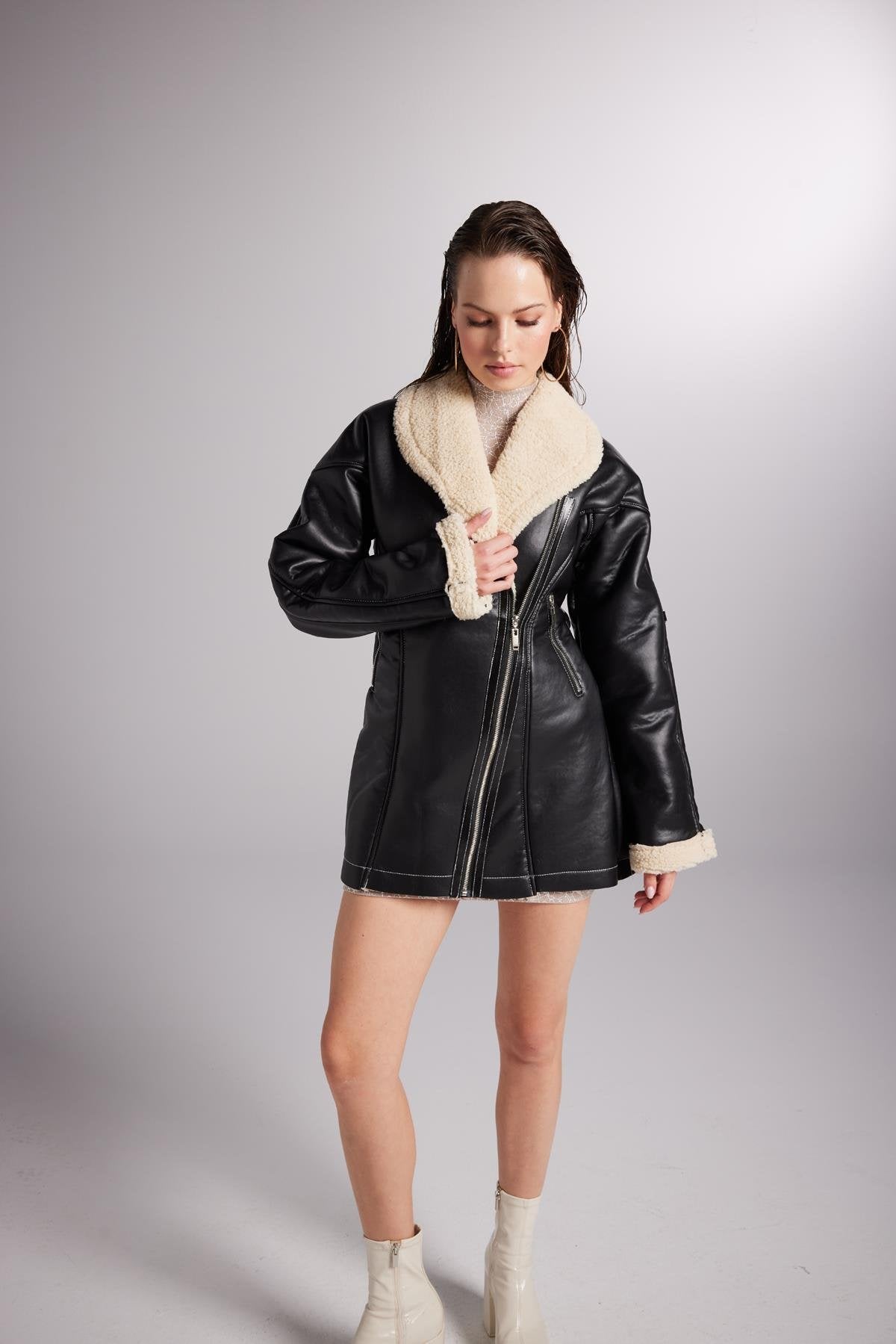 Monero Black Vegan Faux Leather Coat with Fur Lining - Faux Leather Coats