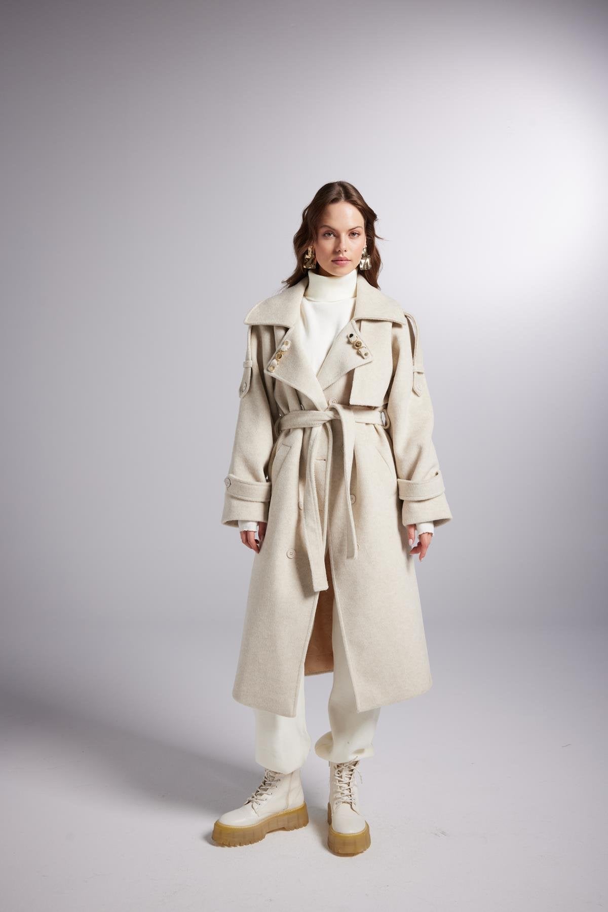 Accessorized Wool Blended Cashmere Maxi Woody Ecru Coat - Trench Coats