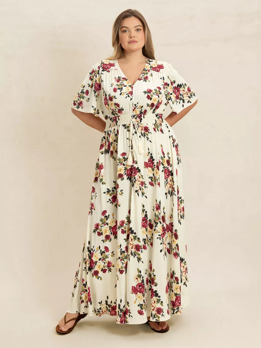 Plus Size Floral Flutter Sleeve Maxi Dress with Button Front Pastel Yellow -