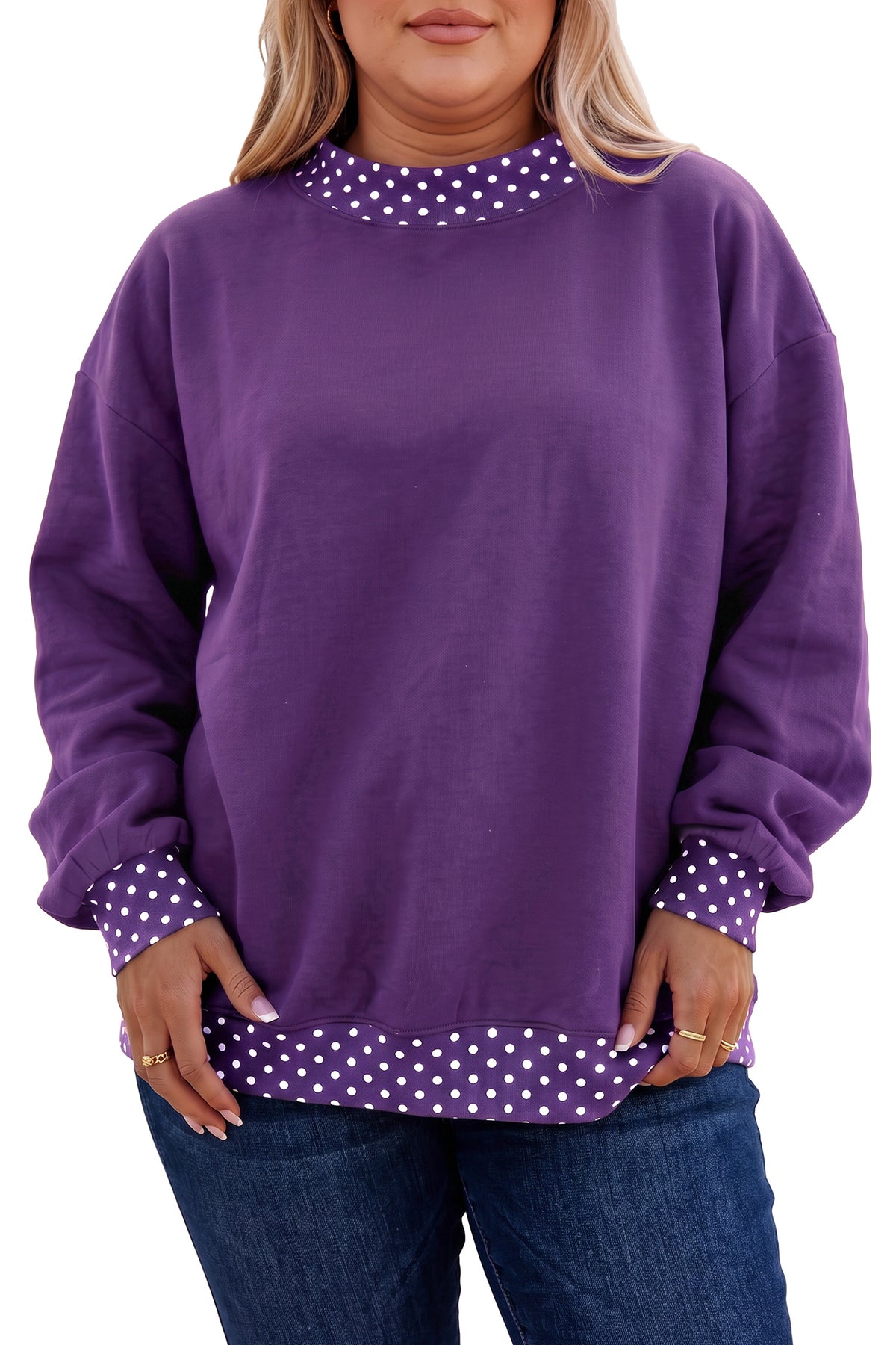 Tillandsia Purple Polka Dot Patchwork Round Neck Plus Size Sweatshirt - Plus Size/Plus Size Sweatshirts & Hoodies