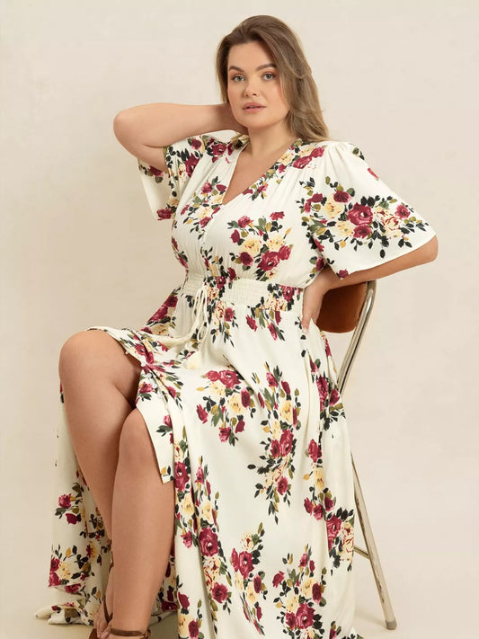 Plus Size Floral Flutter Sleeve Maxi Dress with Button Front -