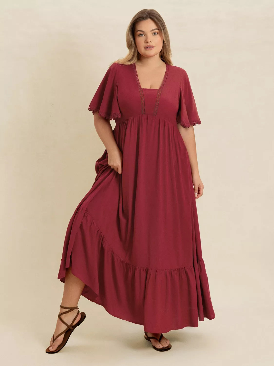 Plus Size Lace Detail Flutter Sleeve Maxi Dress -