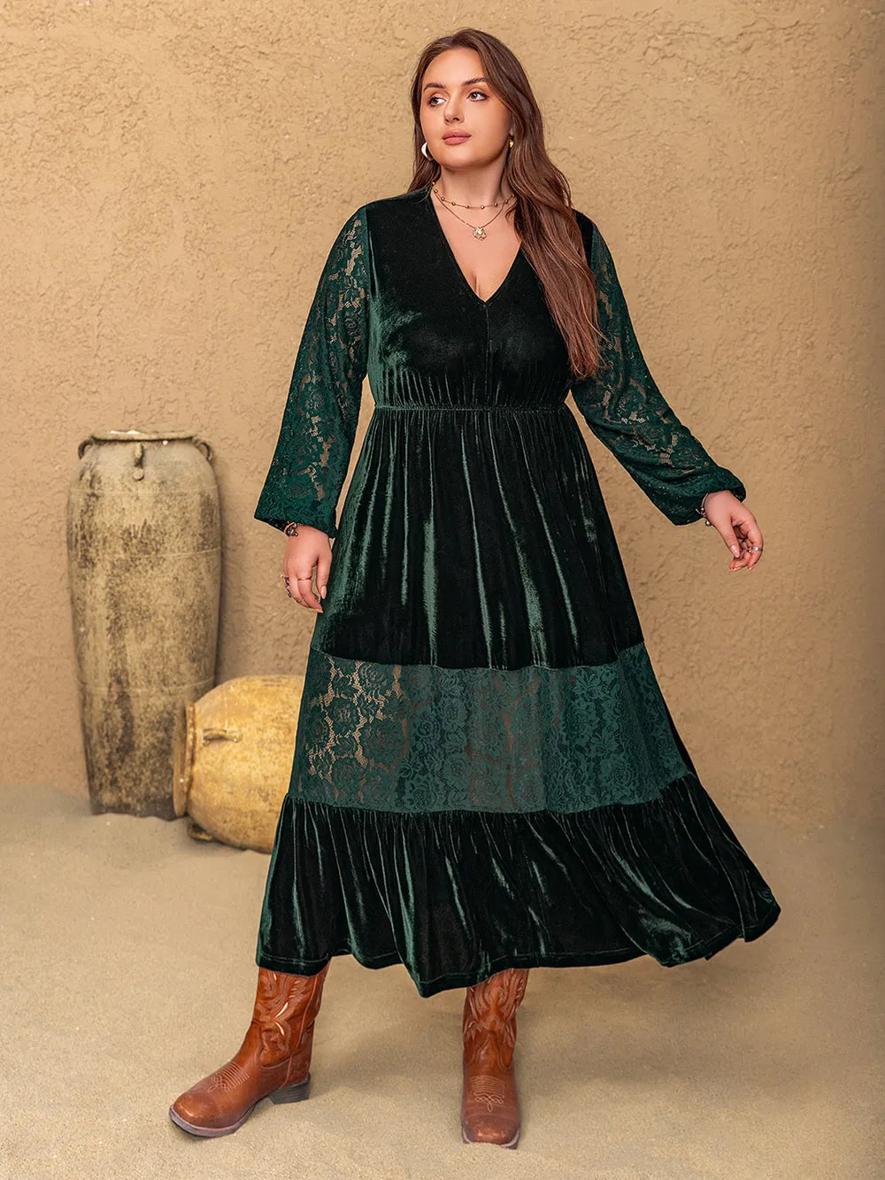 Plus Size Lace Patchwork V-Neck Balloon Sleeve Midi Dress -