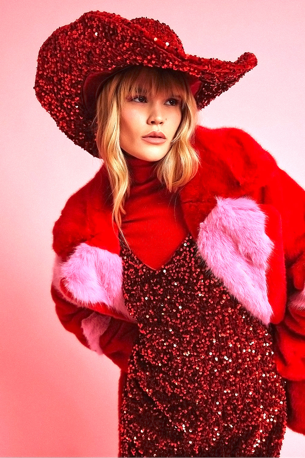 Red Eco Bamboo Faux Fur Coat with Love Heart Detailing - Faux Fur Coats