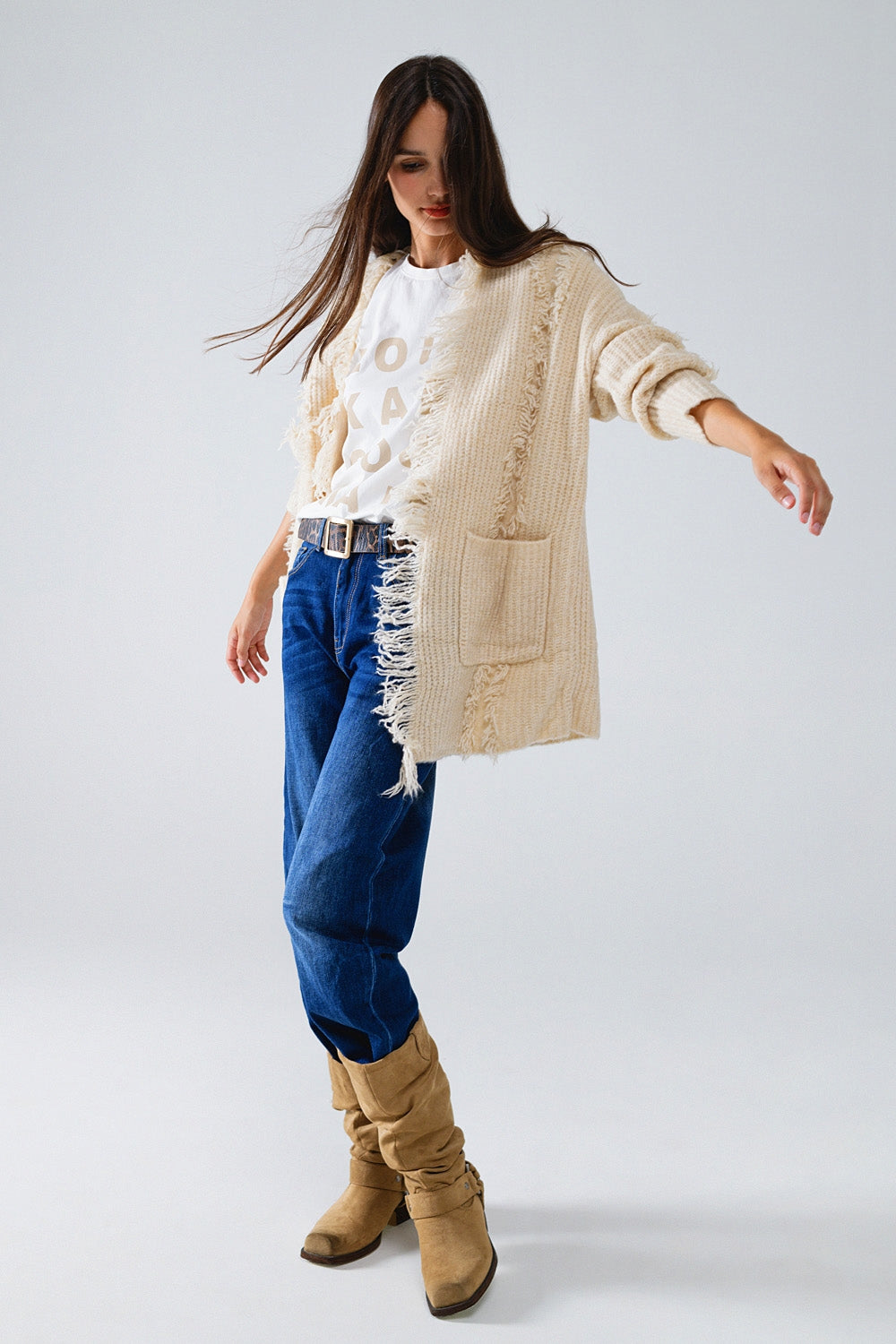 Ecru Boho Distressed Cardigan With Front Pockets - Cardigans