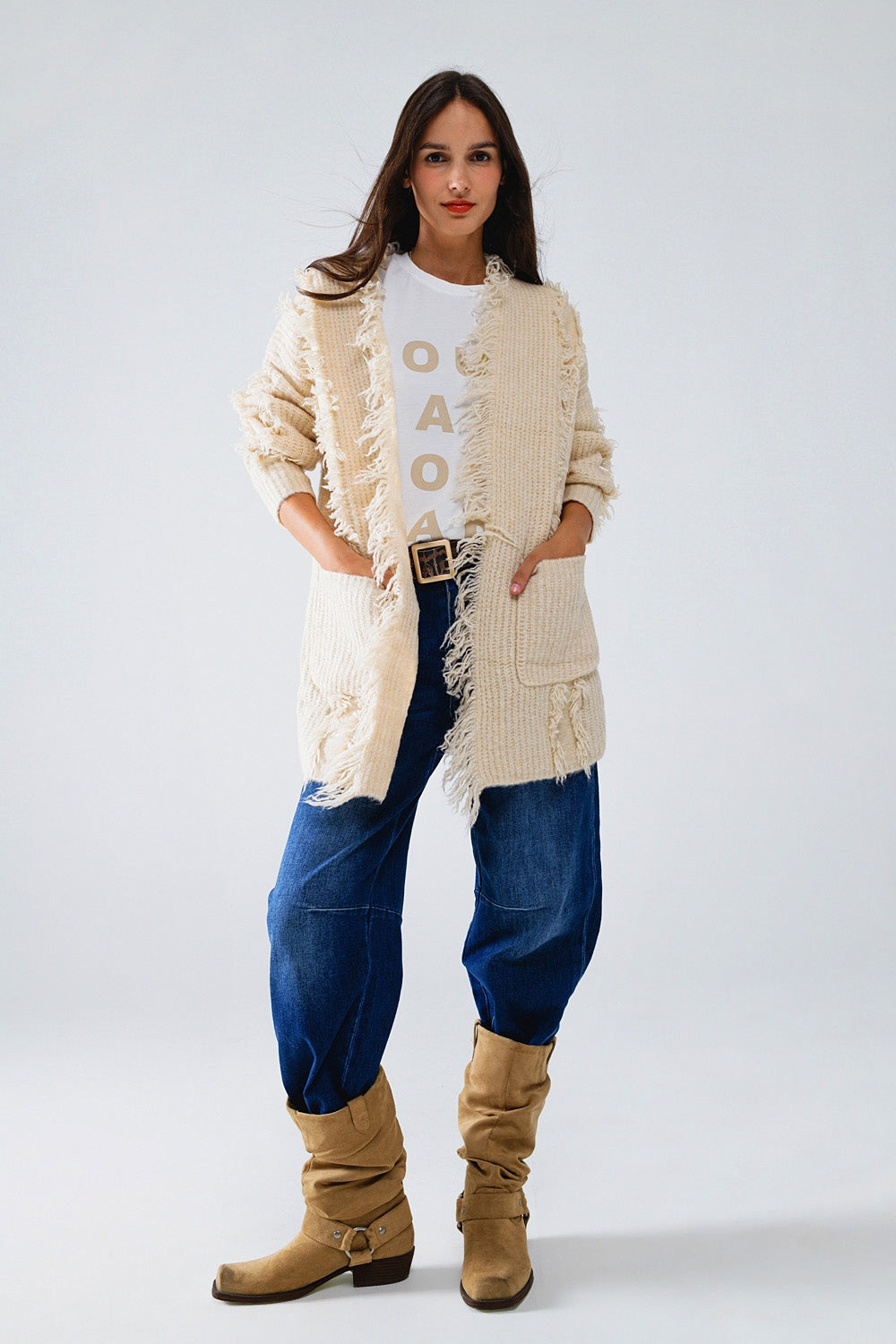 Ecru Boho Distressed Cardigan With Front Pockets - Cardigans