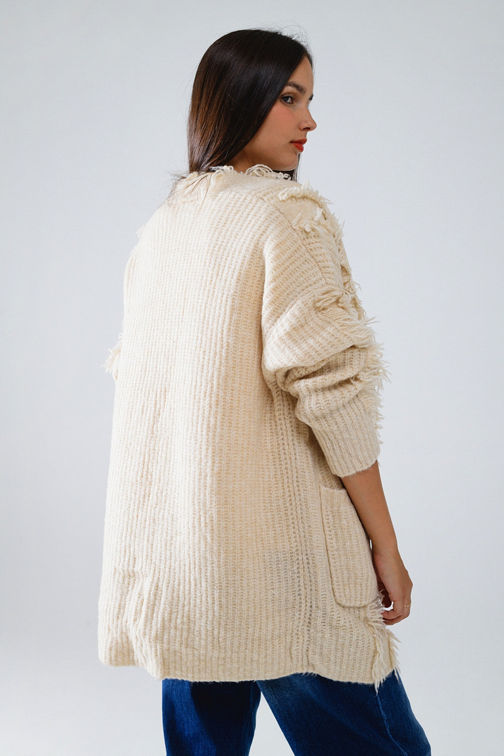 Ecru Boho Distressed Cardigan With Front Pockets - Cardigans