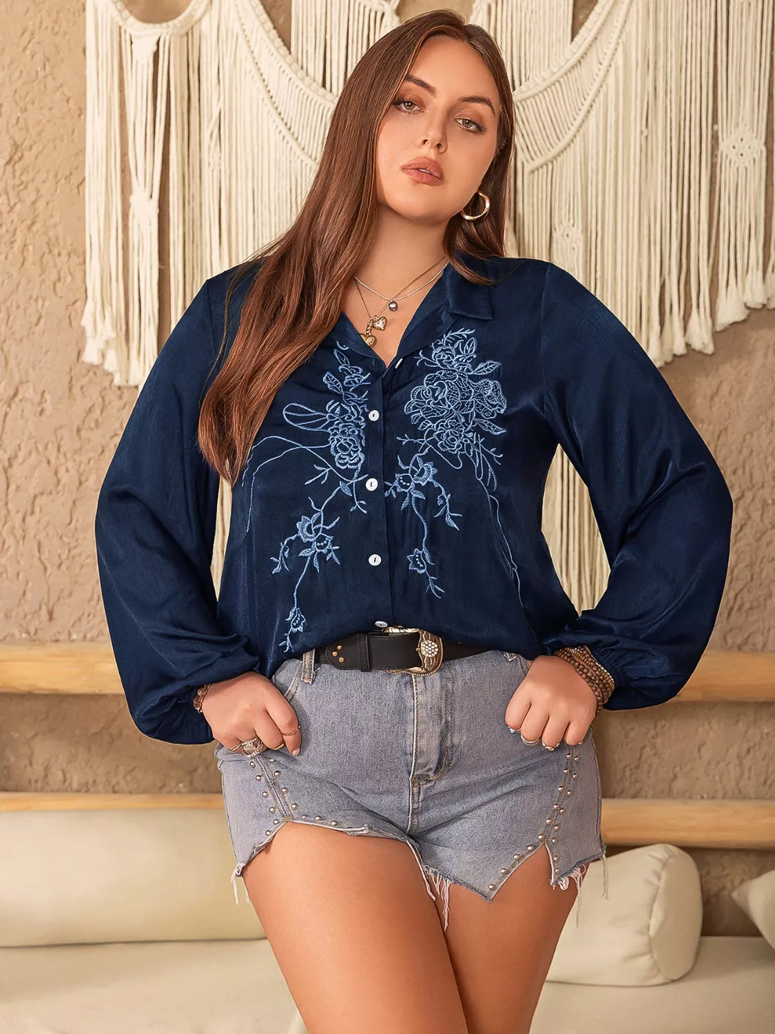 Plus Size Embroidered Long Sleeve Shirt -