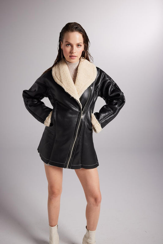 Monero Black Vegan Faux Leather Coat with Fur Lining - Faux Leather Coats