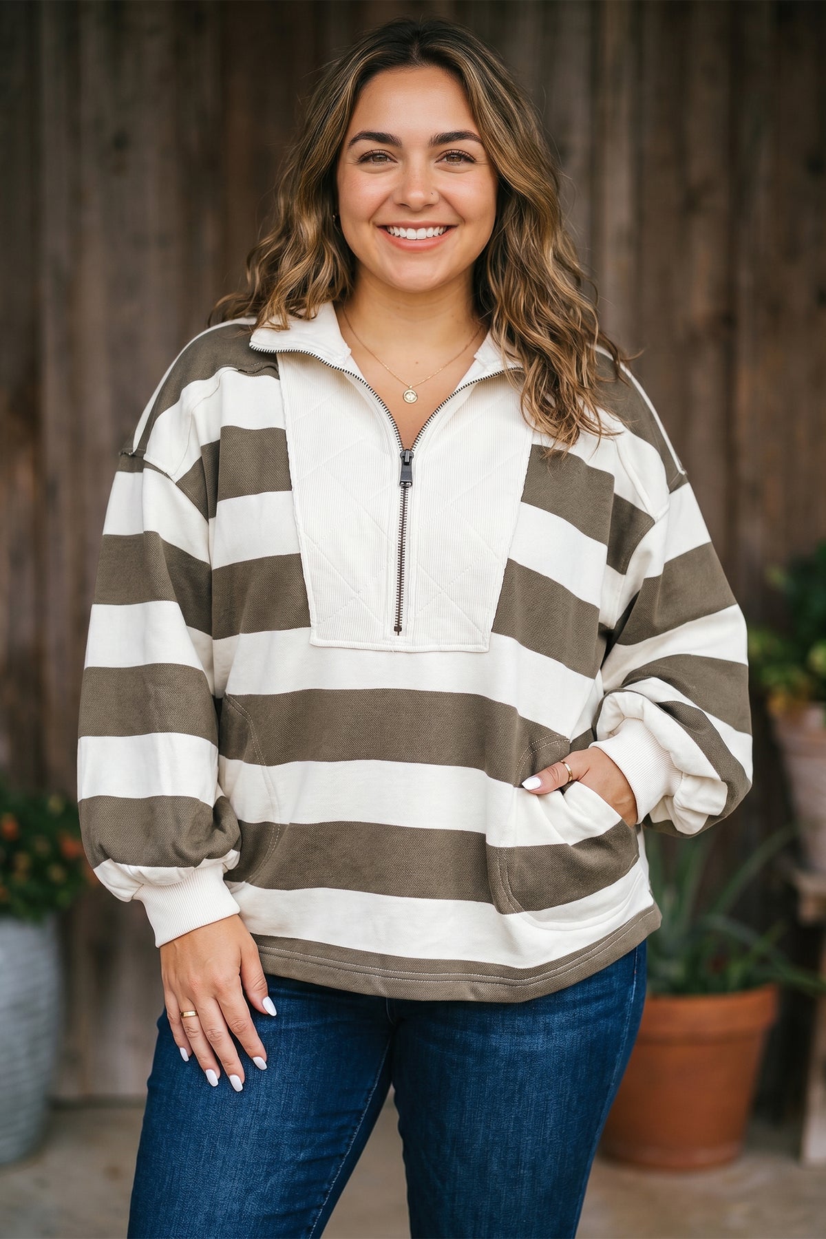 Green Stripe Plus Size Half Zipped Casual Sweatshirt - Plus Size/Plus Size Sweatshirts & Hoodies