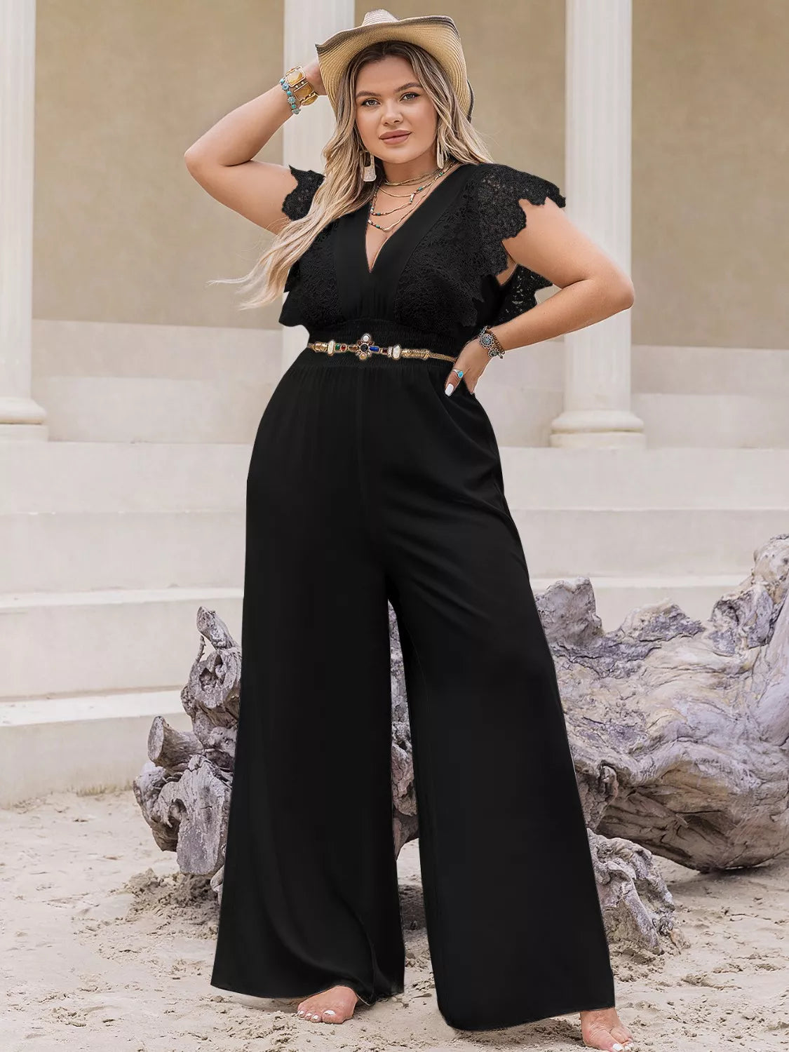 Plus Size Lace Cap Sleeve Wide Leg Jumpsuit Black -