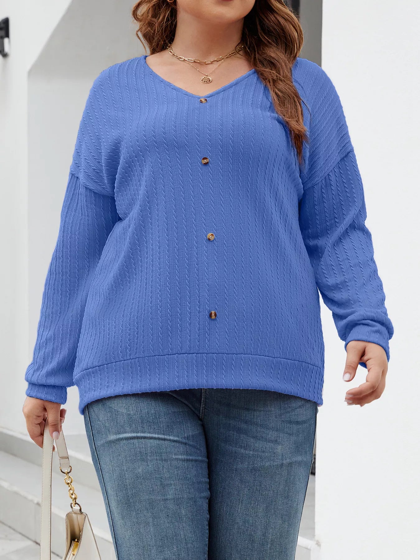 Plus Size V-Neck Dropped Shoulder Blouse Royal Blue -