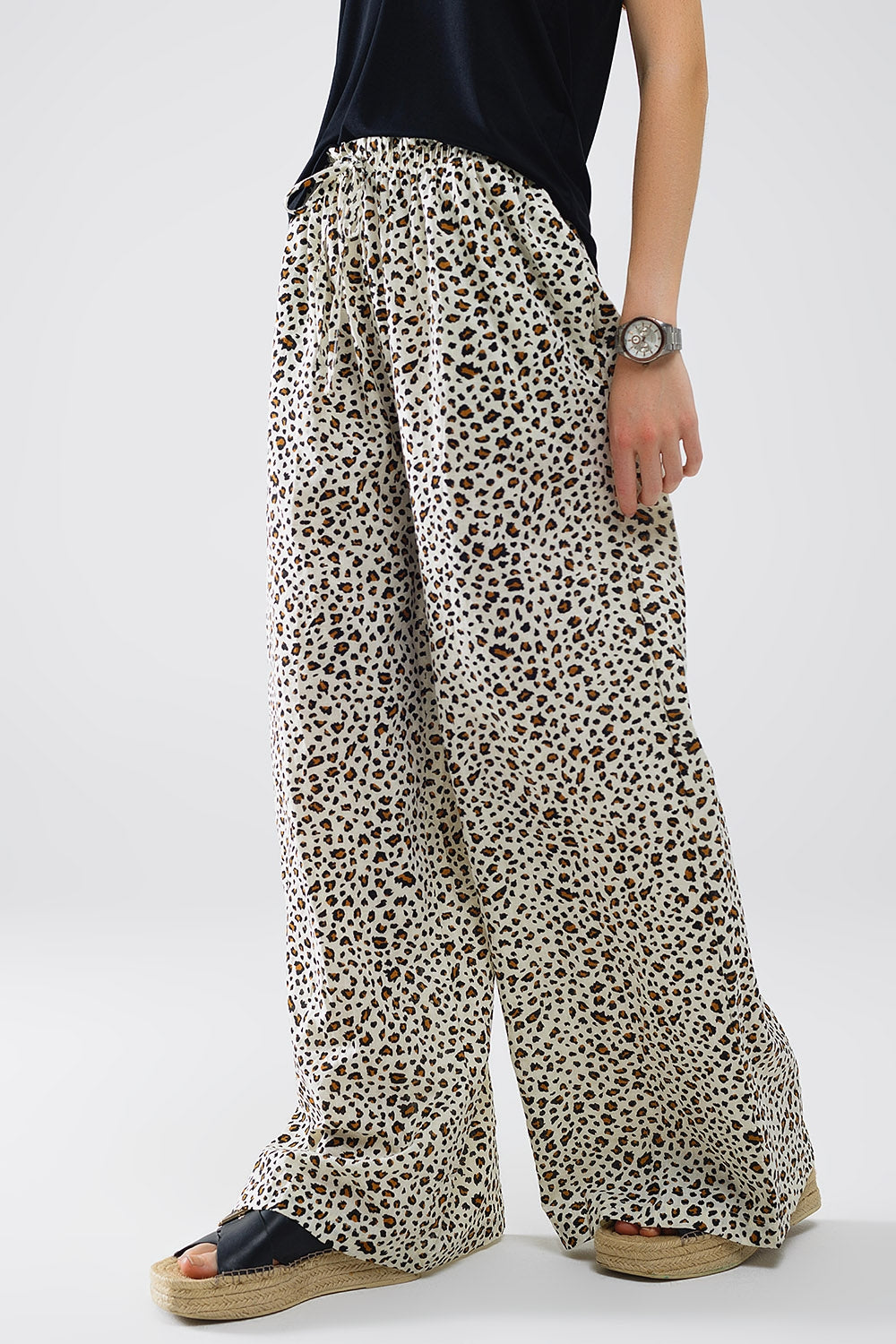 Elasticated Waist Straight Leg Pants In Leopard Print - Trousers
