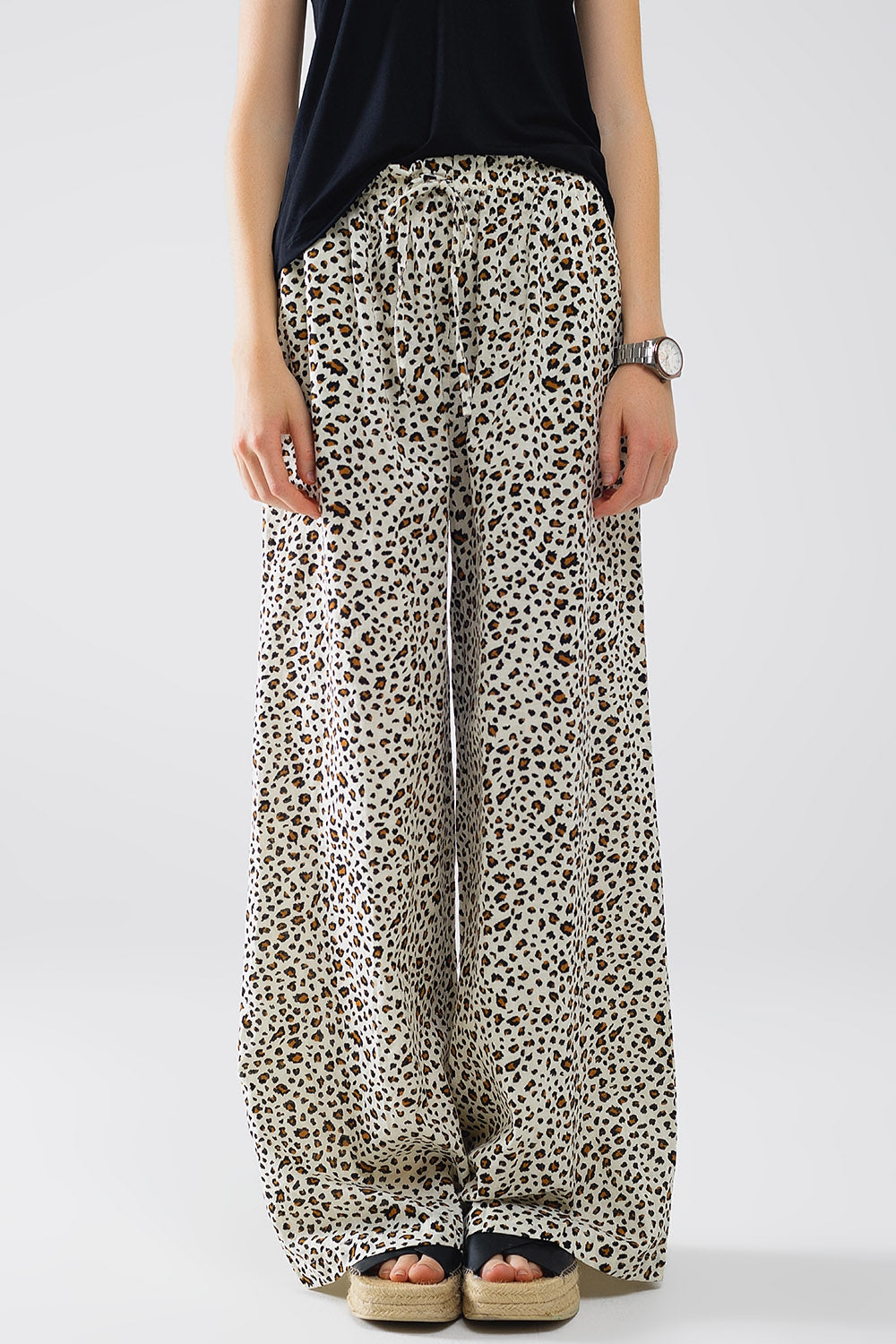 Elasticated Waist Straight Leg Pants In Leopard Print - Trousers