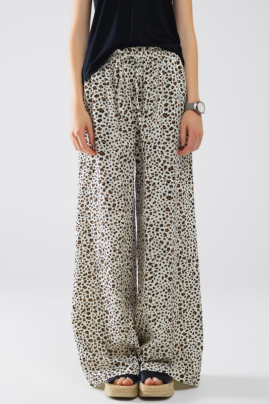 Elasticated Waist Straight Leg Pants In Leopard Print - Trousers