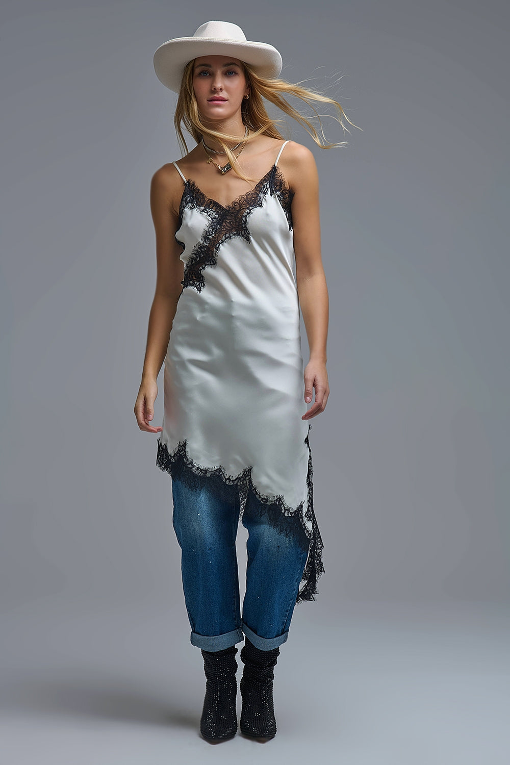 Elegant Asymmetrical White Satin Lace Dress - Dresses