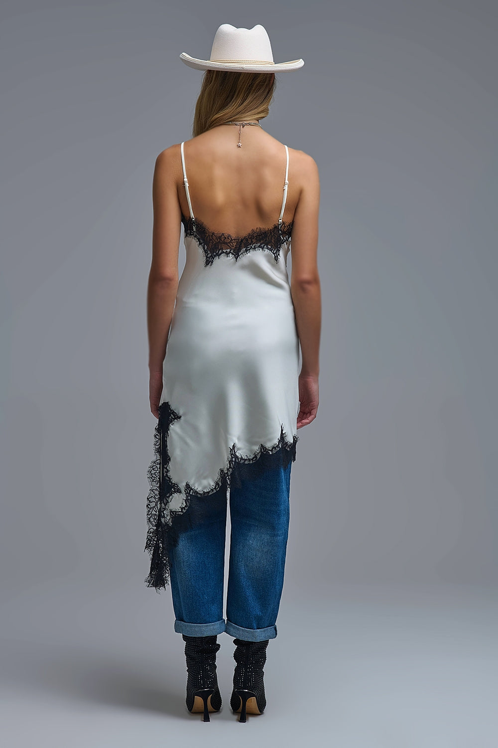 Elegant Asymmetrical White Satin Lace Dress - Dresses