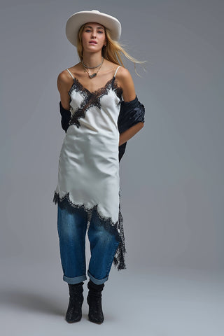 Elegant Asymmetrical White Satin Lace Dress