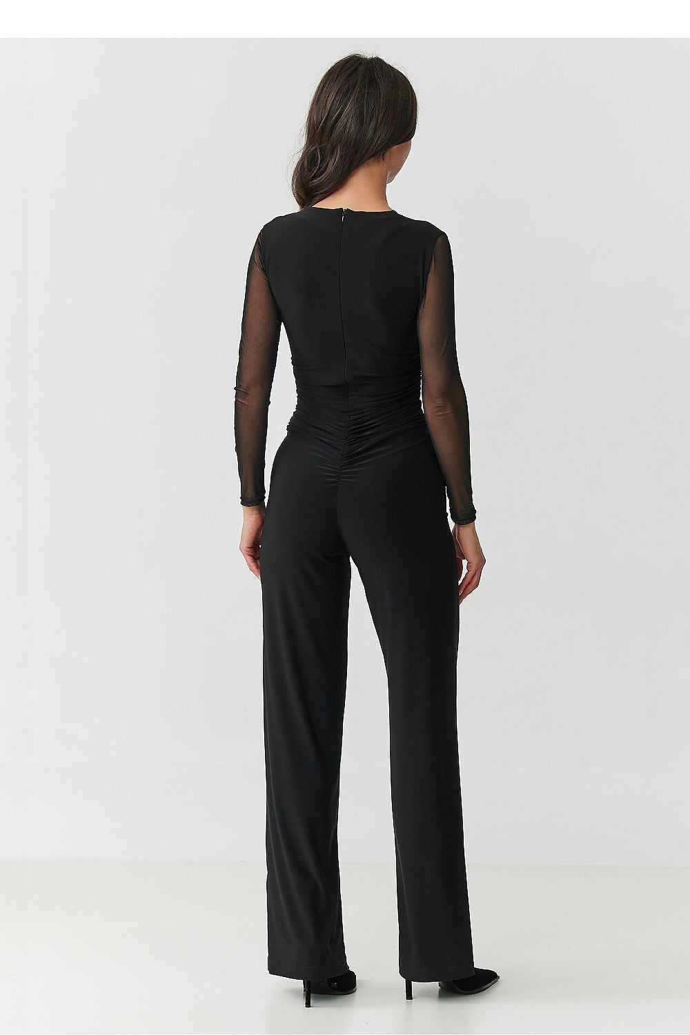 Makadamia Elegant Black Jumpsuit with Sheer Sleeves - Jumpsuits