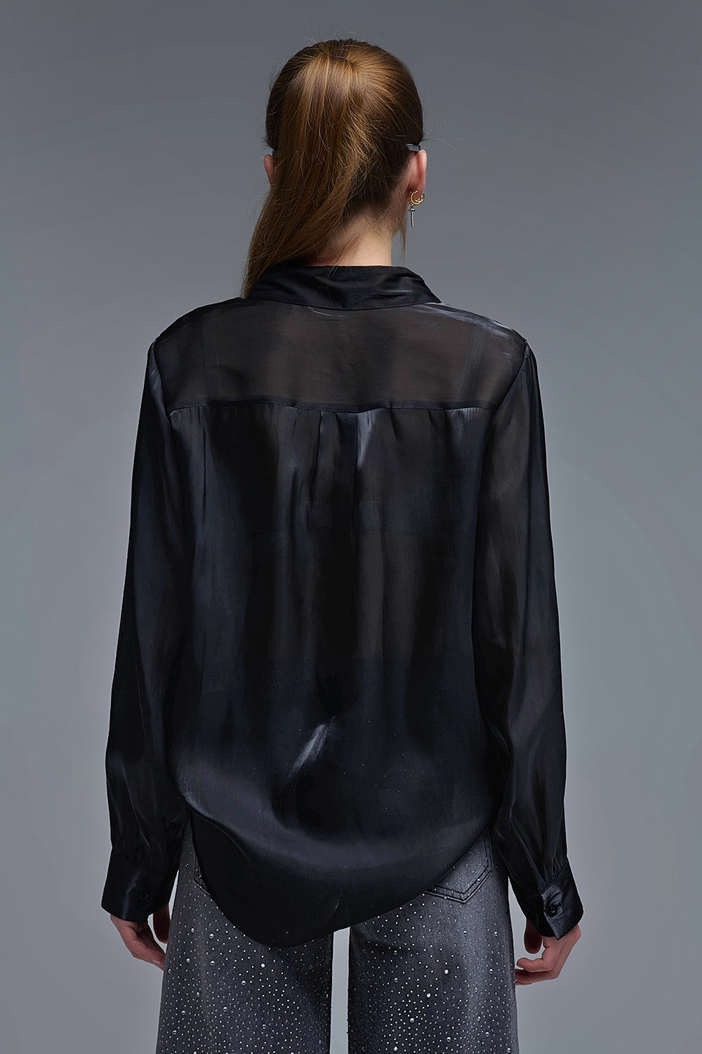 Elegant Black Shirt in Satin Silk - Shirts